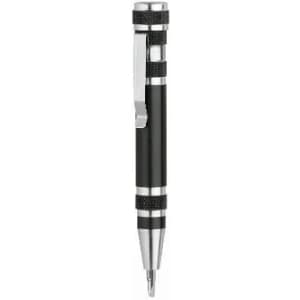 A black pen with silver accents and a clip, featuring a textured grip. It has a sleek design.