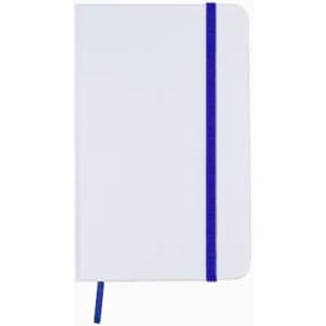 A notebook with a plain white cover and a blue elastic band closure, featuring a matching ribbon bookmark.