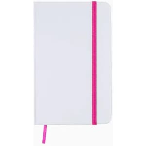A white notebook with a pink elastic band, featuring a sleek design and a matching ribbon bookmark.