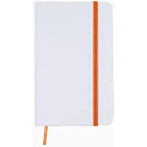 A notebook with a white cover and an orange elastic band closure, featuring a matching bookmark.