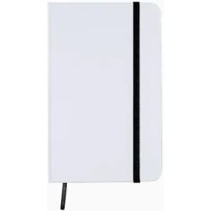 A notebook with a white cover, black elastic band, and ribbon bookmark. It has an uncomplicated design.
