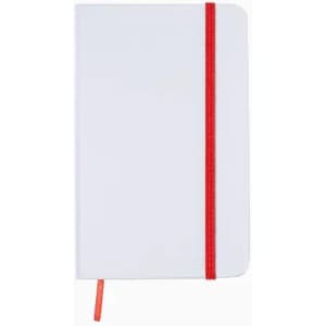 A notebook with a white cover and a red elastic band, featuring a ribbon bookmark. It has a simple design with no text.