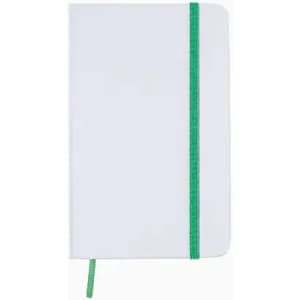 A notebook with a white cover and a green elastic band closure, featuring a green ribbon bookmark.