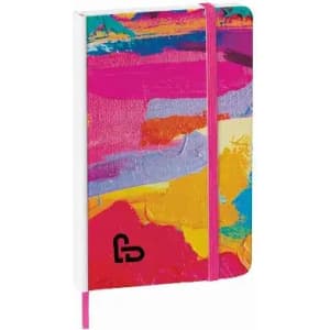 A notebook with a bright, abstract cover featuring pink, yellow, and blue artwork, and a black logo.
