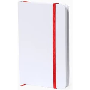 A notebook with a white cover and a red elastic band. It features a simple design without any branding.
