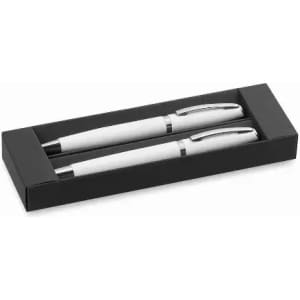 A gift box containing two white pens with silver accents. The box is black and neatly presented.