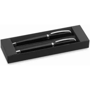 A set of two black pens with silver accents, presented in a sleek black box.