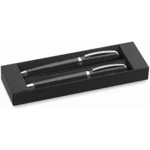 A gift box containing two black pens with silver accents. The box is black with a sleek design.