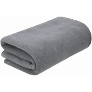 A grey fleece blanket neatly folded. Soft texture with rounded edges, ideal for warmth and comfort.
