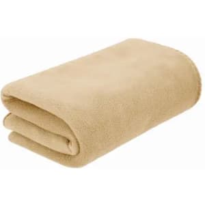 A folded beige fleece blanket with a soft texture and neat edges, featuring a simple design.