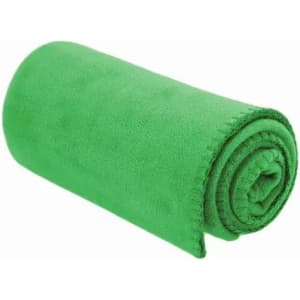 A rolled green blanket made of soft material, displaying a neat, rounded shape.
