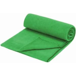 A rolled green microfibre towel laid flat, showcasing its soft texture and neat stitching.