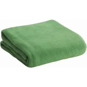 A folded green fleece blanket featuring a soft texture. The blanket has a neat, tidy appearance.