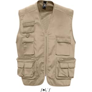 A tan outdoor vest with nine pockets, featuring a zip front and a logo at the collar area.