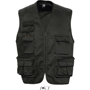 A men's outdoor vest in dark green with nine pockets, featuring a zip front and a branding logo.