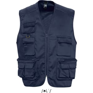 A navy blue men's outdoor vest featuring nine pockets, made from polycotton, with a logo present.