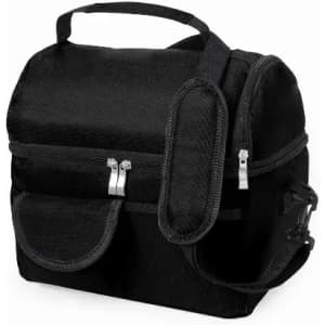A black insulated carry bag with two zippered compartments and an adjustable strap. It features a handle for easy transport.