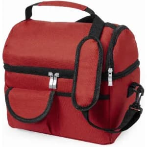 A red insulated bag with black accents, featuring a handle and adjustable strap for carrying. It has multiple pockets.
