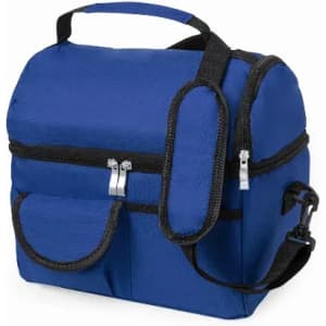 A blue insulated lunch bag with zippers, a handle, and a detachable shoulder strap. It features multiple pockets.