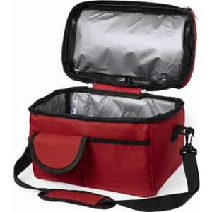 A red insulated lunch bag with a silver lining, featuring a zip closure and a removable shoulder strap.