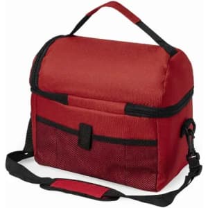 A red insulated cooler bag with a black strap and mesh pocket in the front. It has a foldable top and handle.