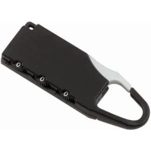 A black and grey product with a carabiner clip, featuring three adjustable dials on one side and a branding logo.