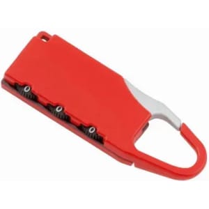 A red multi-tool with a carabiner clip and multiple knife blades. It features a compact design for easy portability.
