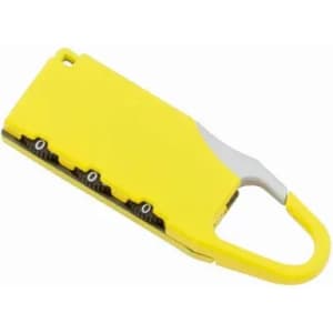 A yellow lock with a sleek design and a metal hook, featuring a combination dial.