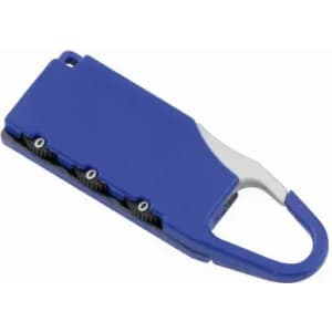 A blue multi-tool with a carabiner clip and several interchangeable tools attached.