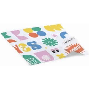 A cleaning cloth featuring a colourful design with various shapes and patterns. It includes a logo in one corner.