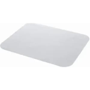 A rectangular, white placemat with rounded edges, featuring a smooth surface.