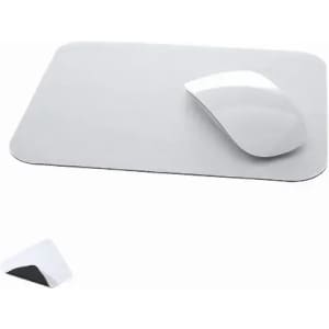 A mouse pad in grey with a sleek, white mouse resting on it. The design is minimalist and modern.