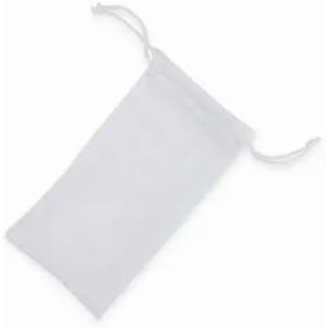 A white drawstring bag made of lightweight material. It features a secure closure with two cord ties.
