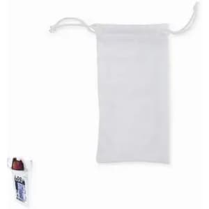 A drawstring bag in white, featuring a small coloured bottle with a logo.