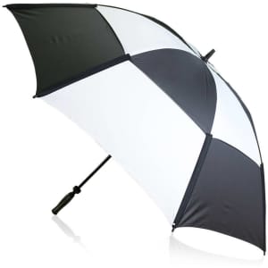 A black and white umbrella features a large, segmented canopy and a sleek handle, with a branding logo on it.