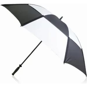 A golf umbrella in black and white, featuring a curved handle and a branding logo on the canopy.