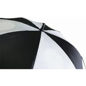 A black and white golf umbrella with a curved top and a logo visible on the fabric.