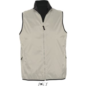 A unisex, reversible vest in light grey, waterproof and windproof, featuring a branded logo.