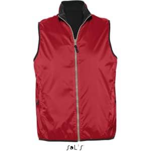 A red unisex reversible vest, waterproof and windproof, featuring a grey collar and side pockets. It has a logo.