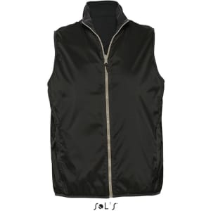 A black unisex reversible vest, waterproof and windproof, featuring a front zip and a grey collar. It also has a logo.