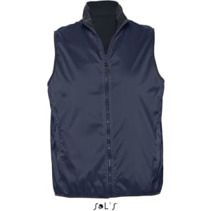 A navy blue unisex vest featuring a reversible design, made from waterproof and windproof material. Includes a logo.