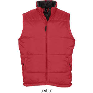A red men's puffer vest featuring a zip front, water-repellant and windproof material, with a logo at the bottom.