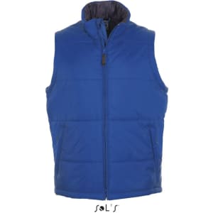 A blue puffer vest featuring a high collar and side pockets, with a branding logo on the lower section.