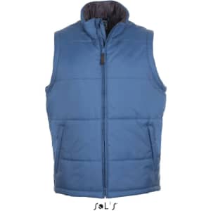 A blue puffer vest with a high collar, featuring a zip closure and side pockets, with a logo on the bottom.
