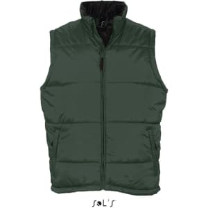 A green men's puffer vest, featuring a zip front, water-repellent and windproof material, with a logo present.