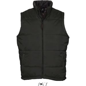 A men's puffer vest in dark green, featuring a zip closure and a logo on the collar. Water-repellent and windproof.