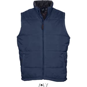A navy blue men's puffer vest, featuring a full zip and a black collar, with a logo on the front.