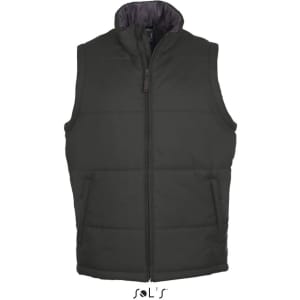A men's puffer vest in dark grey, featuring a zip closure and a collar, with a logo at the bottom.