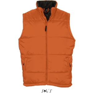 An orange puffer vest featuring a zip front, stand collar, and side pockets, with a logo on the bottom.