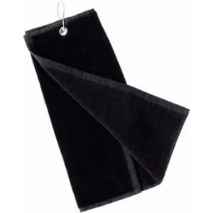 A black towel with a clip. It is folded and features a textured surface.